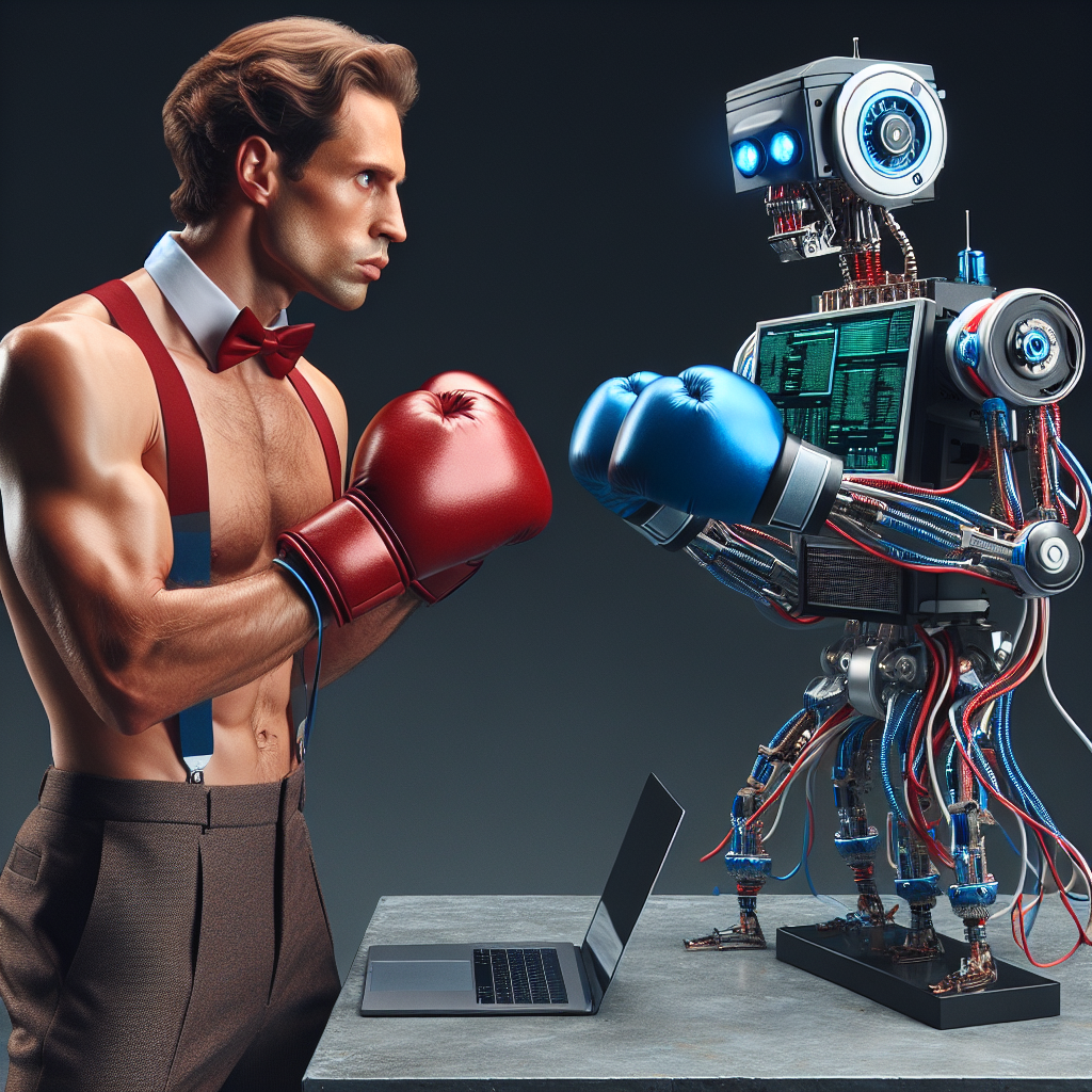 Ridiculous images shows a man and robot facing each other, wearing boxing gloves and preparing to fight. This illustrates the article topic of AI vs. ghostwriter.